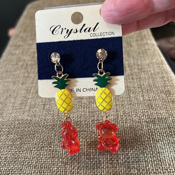 Rhinestone Stud Pierced Earrings with Dangly Pineapples & Bears, Oh My! NWT - Picture 3 of 3